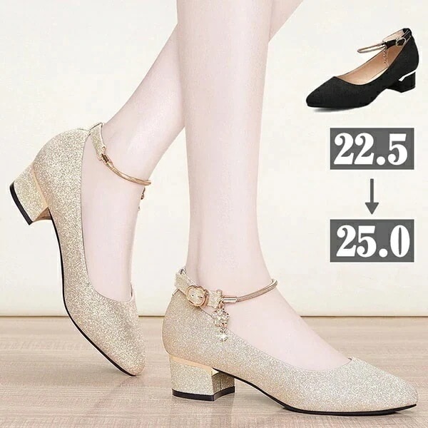 痛くない 歩きやすい 美脚 疲れにくい パンプス キラキラ ヒール4cm 太いヒール ローヒール チャンキーヒール アーモンドトゥ ストラップ アンクルストラップ 上品 ゴージャス ブラック ゴール今