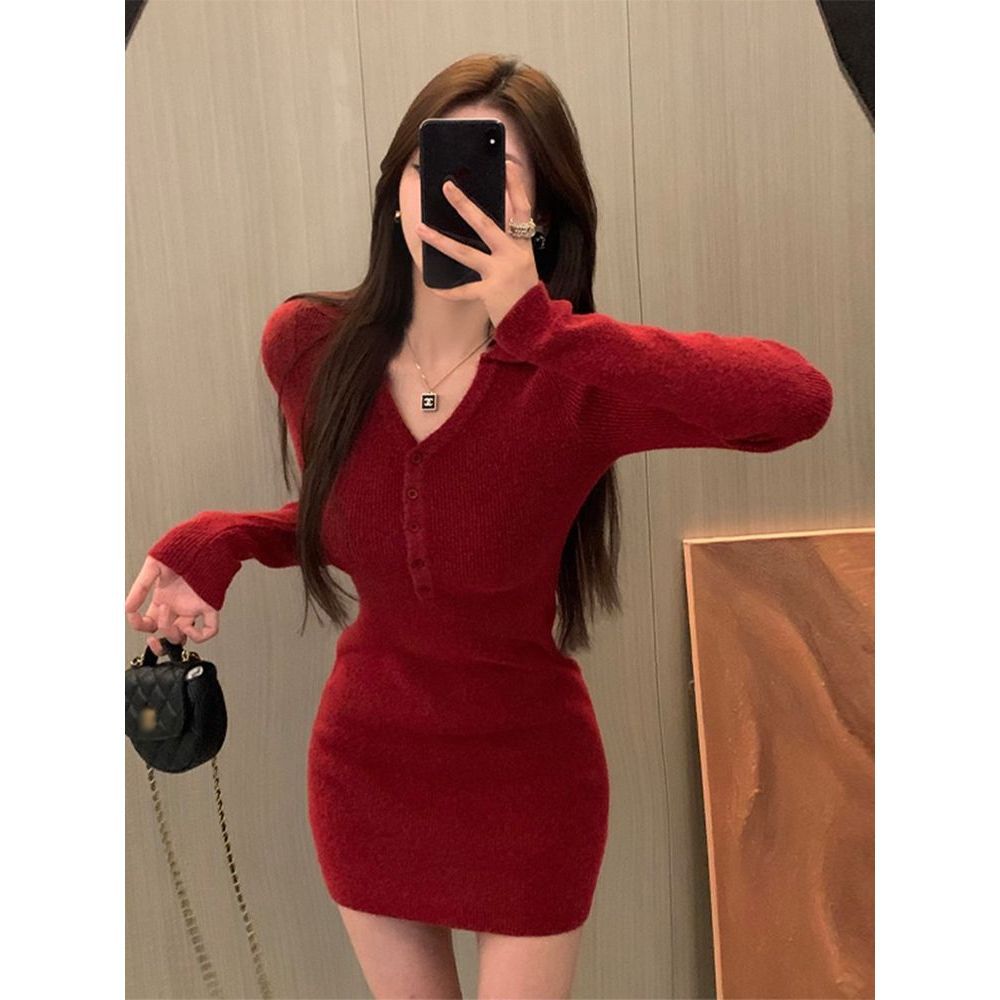 【1つ買うと10つ無料】高度な新年の赤い編みのインナードレスドレス春と冬2025パックヒップスカート