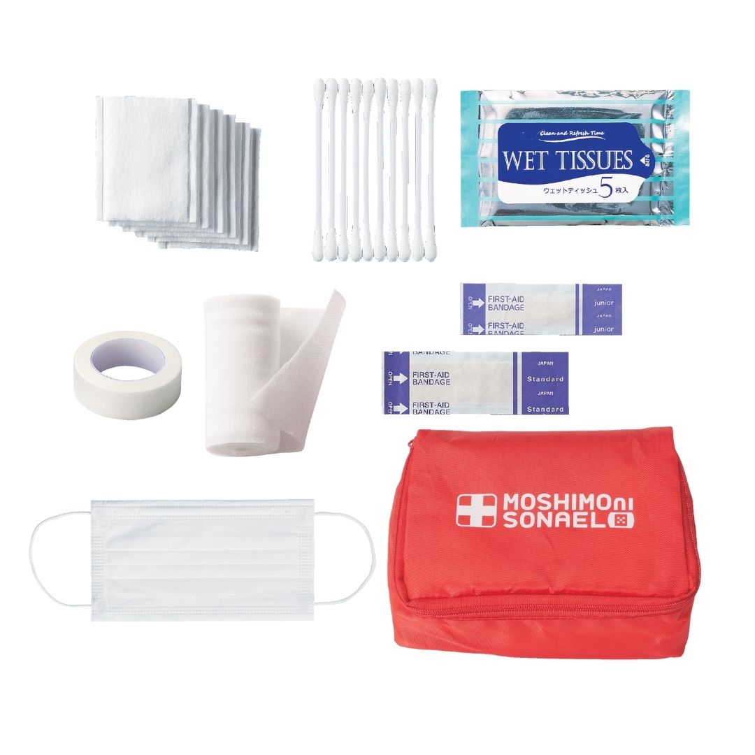 【24個セット】モシモニソナエル　安心救急9点セット 防災 応急処置セット 携帯救急ポーチ 簡易救急グッズ 備蓄 アウトドア 救急キット 災害用 モシモニソナエル ノベルティ 来場プレゼント