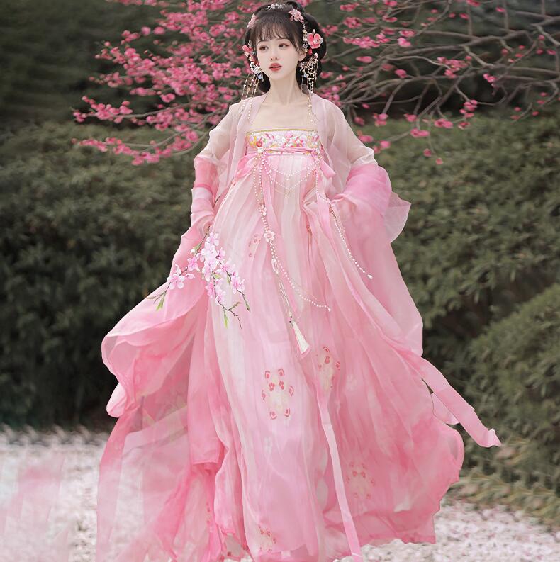 レディース 漢服 唐朝 美人服 貴妃ドレス 華流 コスプレ衣装 ハロウィン コスプレ衣装 中国古代 お嬢様ドレス 学園祭 文化祭 イベント コスチューム ドレス＋羽織 おしゃれ ピンク