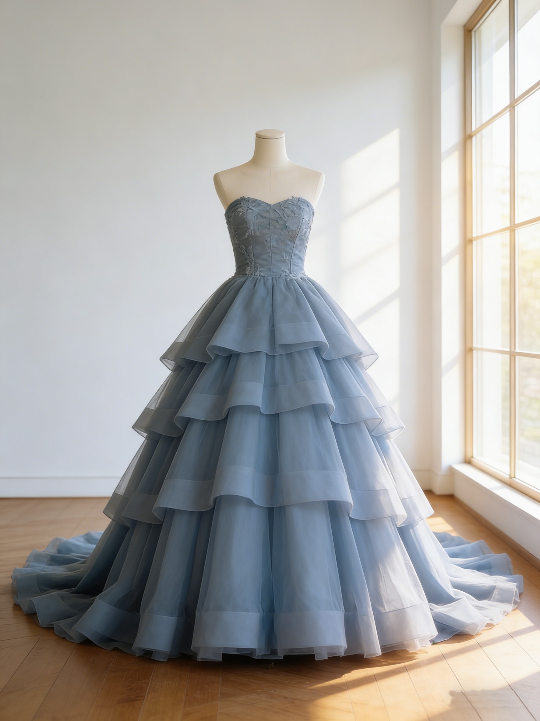 カラードレス ブルーグレー ソフトチュール 繊細なレース 華やかなトレーン ビスチェドレス 演奏会/音楽会