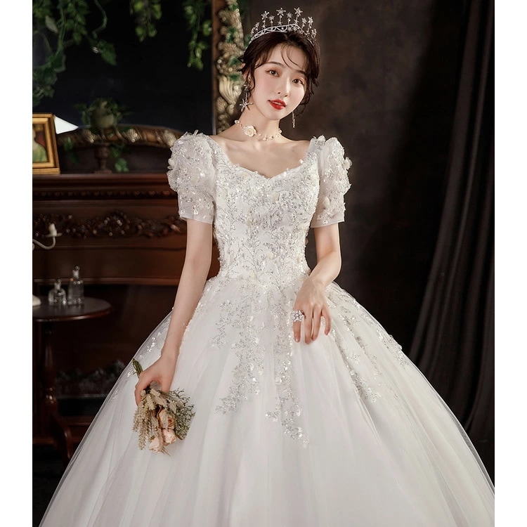高品質保証ウェディングドレス 白 パフスリーブ ビーズ スパンコール キレイめ ブライダルドレス ホワイトドレス 海外挙式 花嫁ドレス 結婚式ドレス Vネック ロングドレス 二次会ドレス 花柄 ウェデ