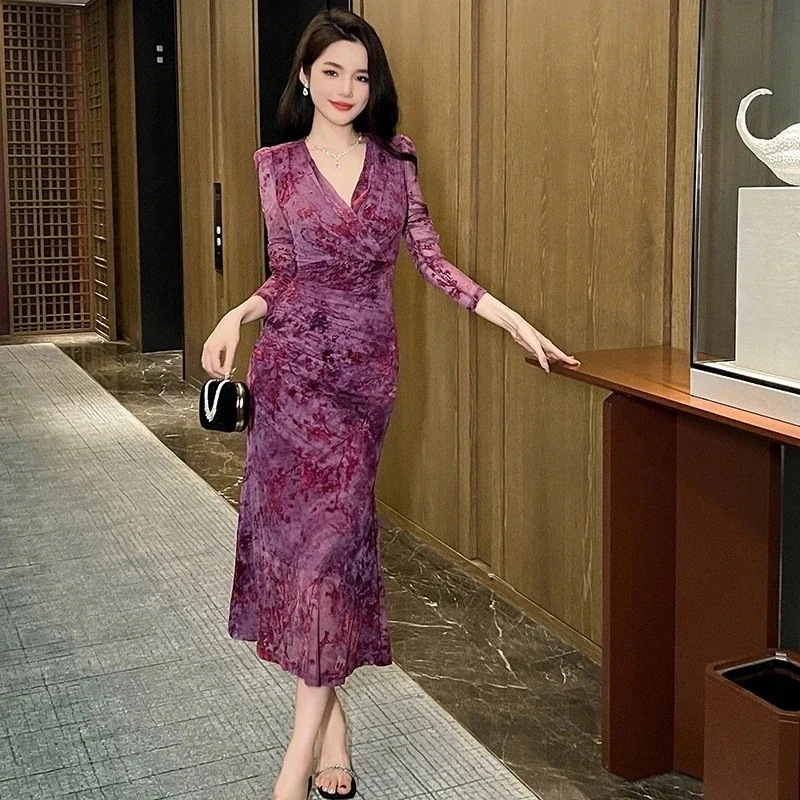 春冬 Vネック チュール ロングワンピース マーメイド パーティードレス キャバ 着痩せ 大人 同窓会 披露宴 卒業式 結婚式 演奏会 ウェディング 二次会 発表会