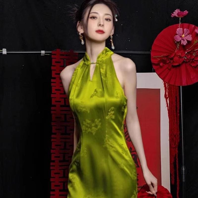 チャイナドレス レディース ワンピース モーニング ガウン イブニングドレス 少女 ジャカード 中華 グリーン
