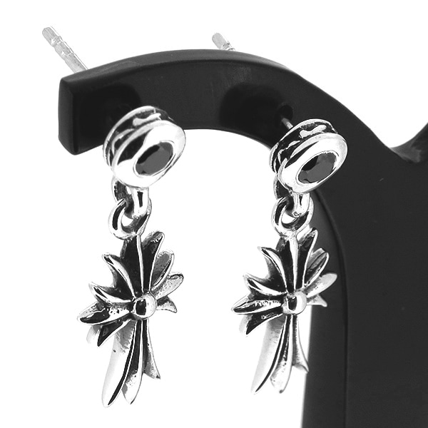 クロス ドロップピアス 2P 両耳用 ブラックCZ ジルコニア ラウンド フレア ピアス