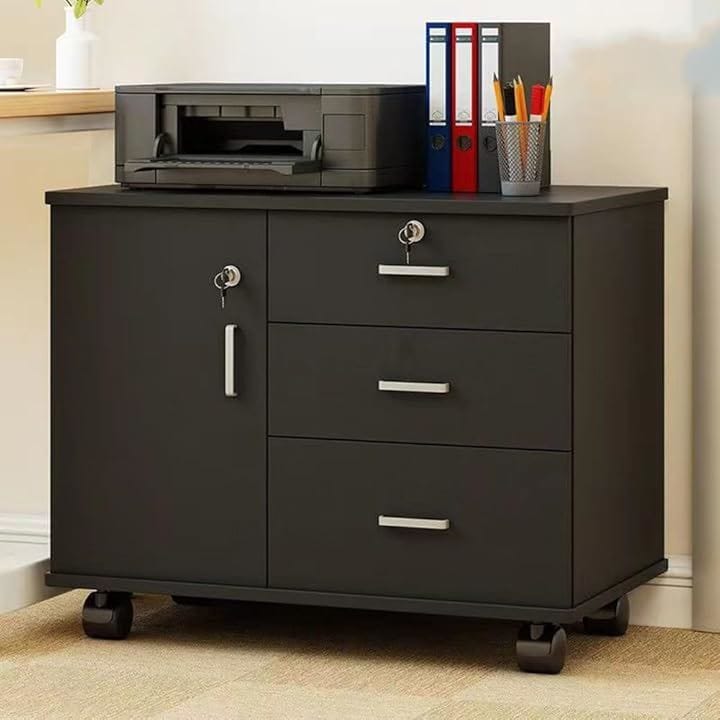 デスクワゴン サイドワゴン キャビネット オフィスワゴン 幅70cmx奥行き40cmx高さ57cm 完成品 組み立て不要 木製(ブラック, 40奥行き x 70幅 x 57高さ cm)