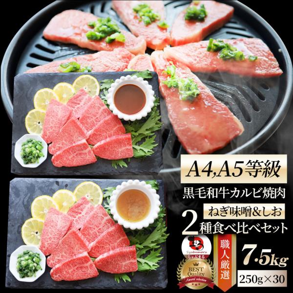 A4,A5等級 特選 黒毛和牛 カルビ焼肉 ねぎまみれ 味噌ダレ&塩ダレ 7.5kg(250g×各15) 食べ比べ 牛肉 肉 お中元 ギフト 食品 お祝い 霜降り 黒毛