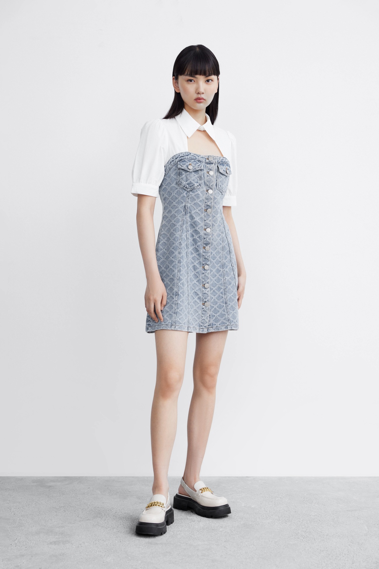 婦人服 ステッチウォッシュウォーター デニムワンピー ワンピース ミニ丈 ホワイト＆ブルー XS S M L XL ワンピース 膝上 袖あり 半袖 ハイネック かわいい 大人可愛い きれいめ シンプル