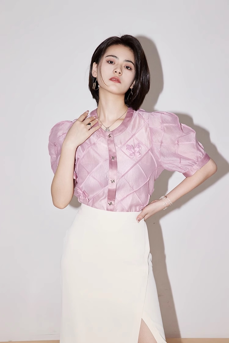 ピンク 蝶 シャツ 甘い 半袖 トップ スーパー シフォン シャツ 夏 オールマッチ シャツ 個性的 トップス シャツ ブラウス 袖あり 半袖 5分袖 五分袖 Uネック 襟なし かわいい 大人可愛い