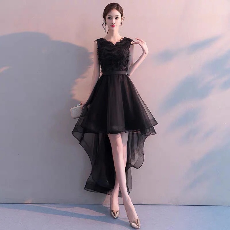 ブラックリトルイブニングドレス女性用2025宴会気質短いフロント長いバックプチドレス