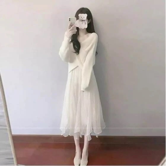 レディース ニット セットアップ ツーピーストップス ミモレ 長袖 カシュクール フレア