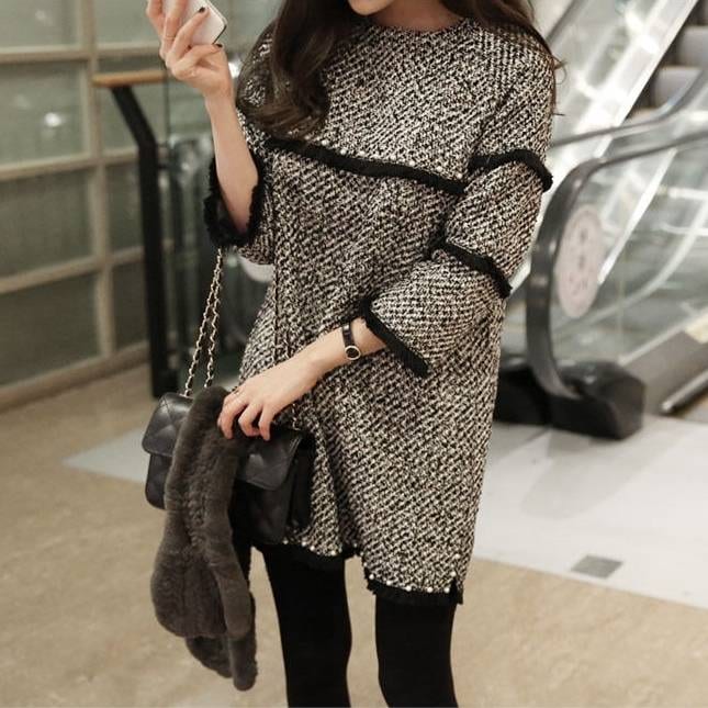 ツイード トップス レディース チュニック ロングTシャツ クルーネック 丸首 プルオーバー 七 分袖 7分袖 切り替えデザイン 体型カバー 脚長 ゆる Aライン 大きめ 楽ちん ルーズ カジュアル