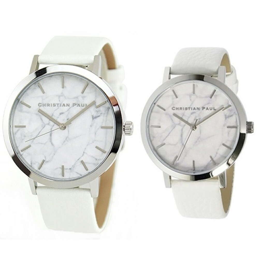 【無料特典付き！】クリスチャンポール 時計 ペアウォッチ 43mm 35mm ホワイトマーブル 大理石柄 ホワイトレザー 天然皮革 MR-08MRL-03 カップル 男女 ペアセット 誕生日ギフト 記
