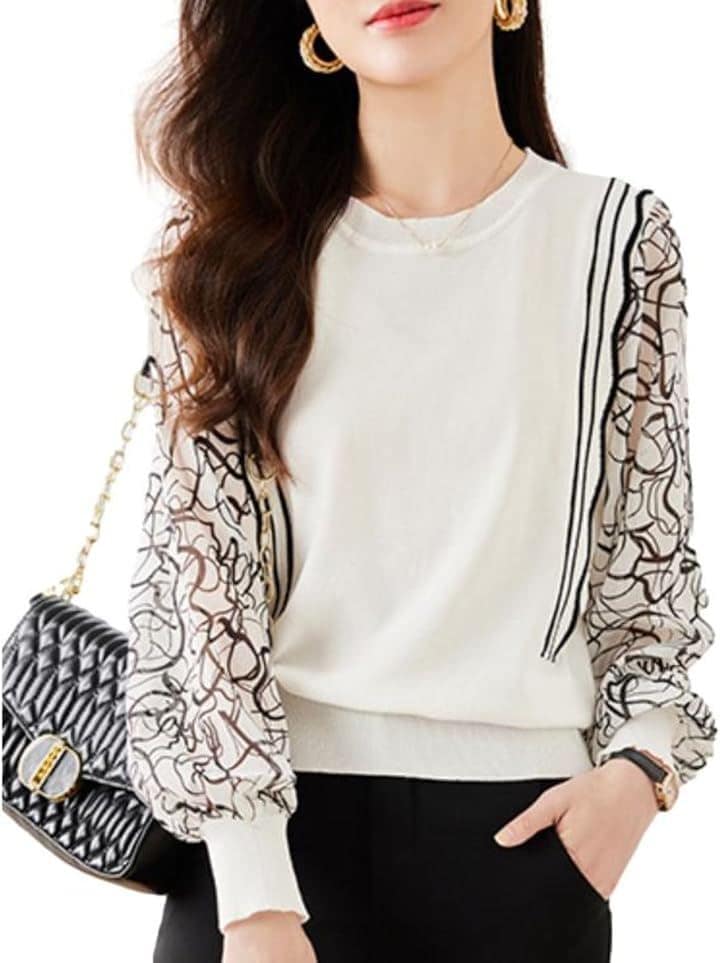 シフォン袖ニットトップス 異素材MIX モノトーンプリント 10分袖 パフスリーブ 服 ふんわり袖 きれいめ JS107-WH-L(ホワイト, L)