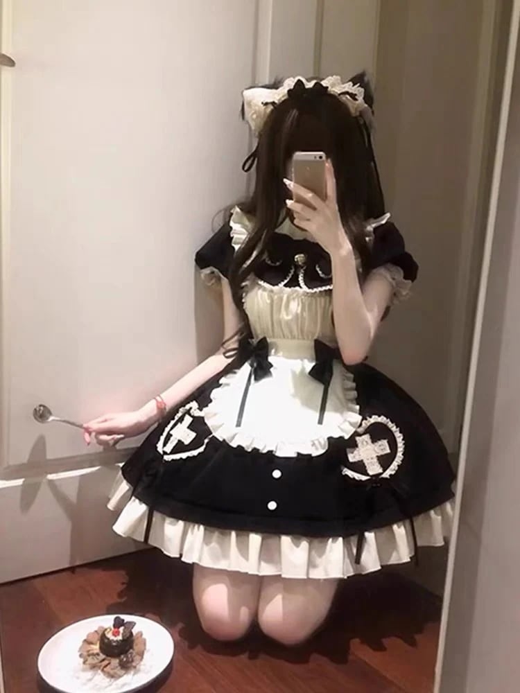 甘くて上品なコントラストカラーパッチワークウエストスカート＋比翼エプロンメイド服ロリータスカート