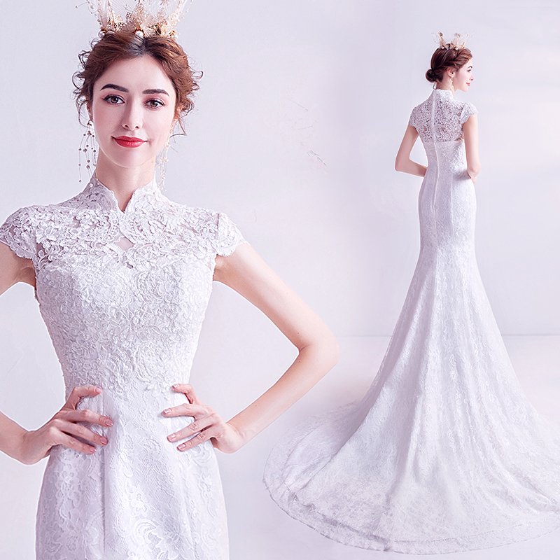 マーメイドラインドレス トレーン ウエディングドレス チャイナ風 立ち襟 花嫁 イブニングドレス 結婚式 披露宴 パーティー ロングドレス ハートカット 白