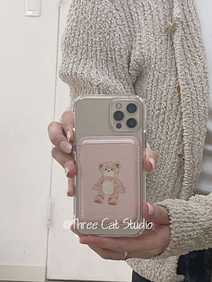 韓国インニッチデザインかわいい油絵クマ革磁気ワイヤレス充電magsafe磁気カードホルダー携帯電話ケース15promax Iphone13pro/14promax Appleに適しています