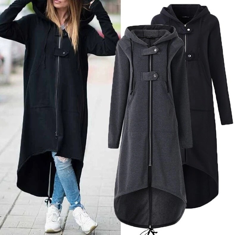 2色 アウター パーカー レディース 秋冬 きれいめ 暖かい ロング 長袖 萌袖 フード バックスリット ファスナー ブラック グレー S M L XL 2XL 3XL 4XL 5XL 大きいサイズ 5,468円