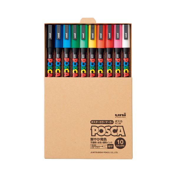 (まとめ) 三菱鉛筆 水性マーカー ポスカ 細字丸芯 簡易紙箱入 10色（各色1本） PC3MT10C 1パック (×10セット)