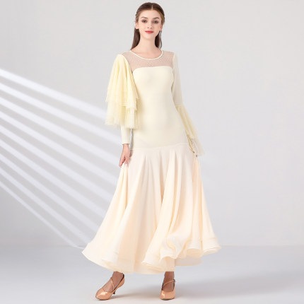 社交ダンス ドレス ダンスドレス 大きい裾 パッド付き モダンダンス モダンドレス ワルツ ロングドレス 社交ダンス衣装 ワンピース 練習着 演出着 ステージ衣装 舞台衣装 白 演出用 セクシー