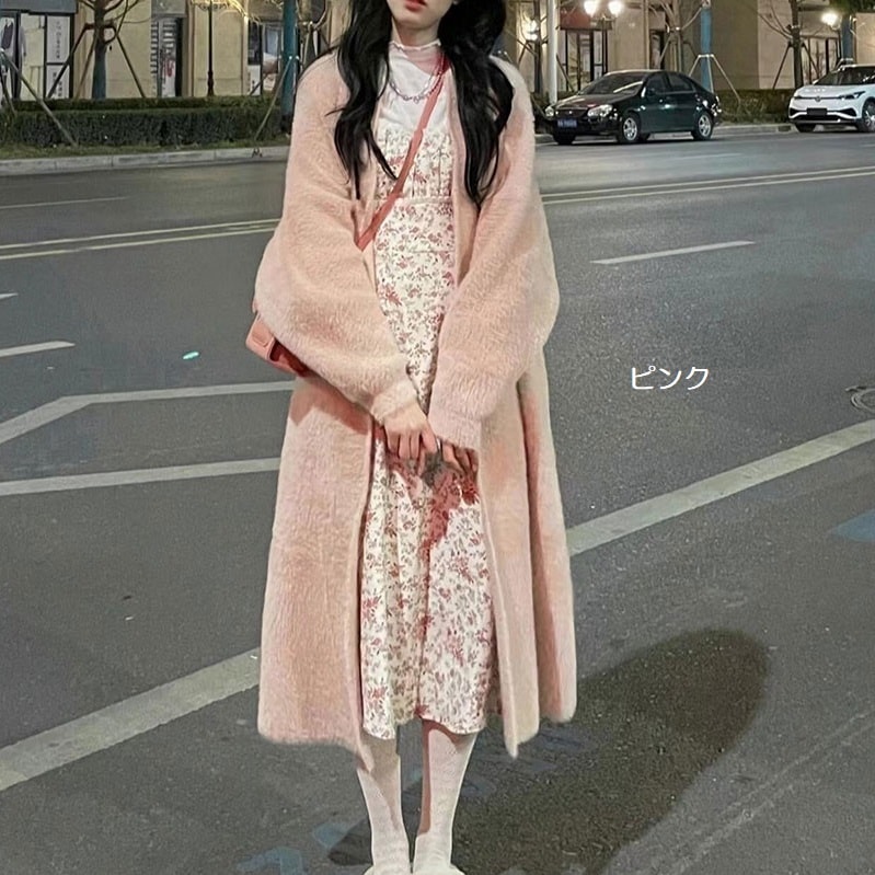 ロングカーディガン もこふわ ニットカーディガン ニットジャケット アウター 羽織物 コート バットスリーブ 厚手 秋冬 ミンクダウン ラフ ルーズフィット ビッグサイズ ビッグシルエット ノーボタン