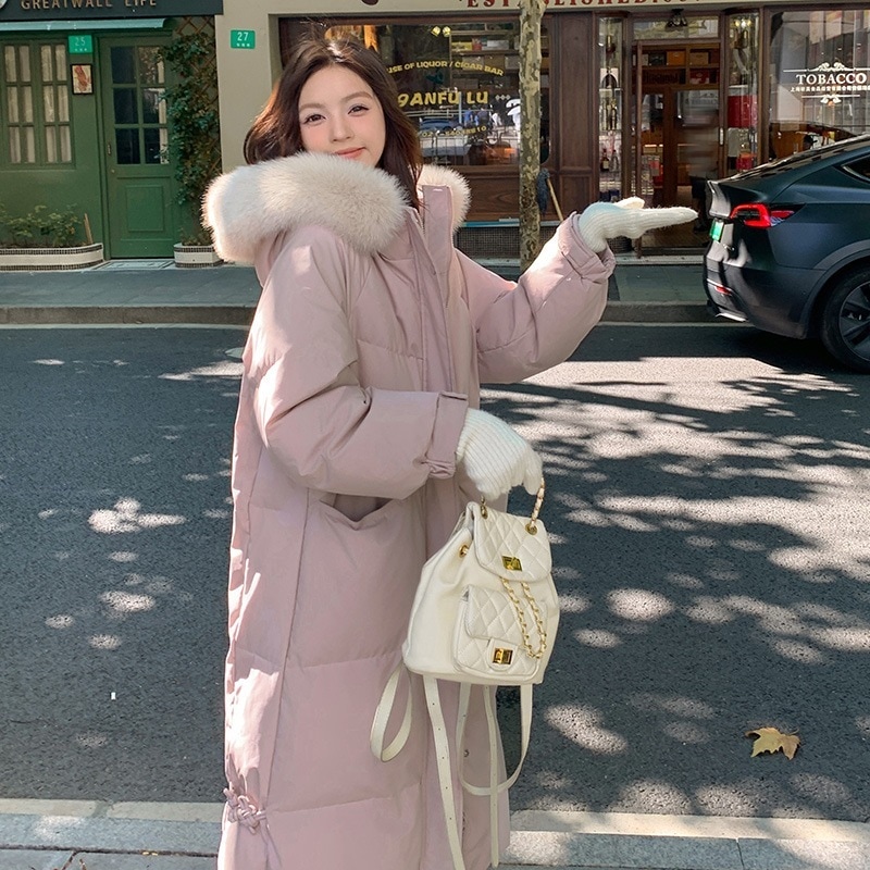 2024冬フード付き厚みのあるミドル丈の大きなファー襟ダウンジャケットレディースファッションスリムジャケット