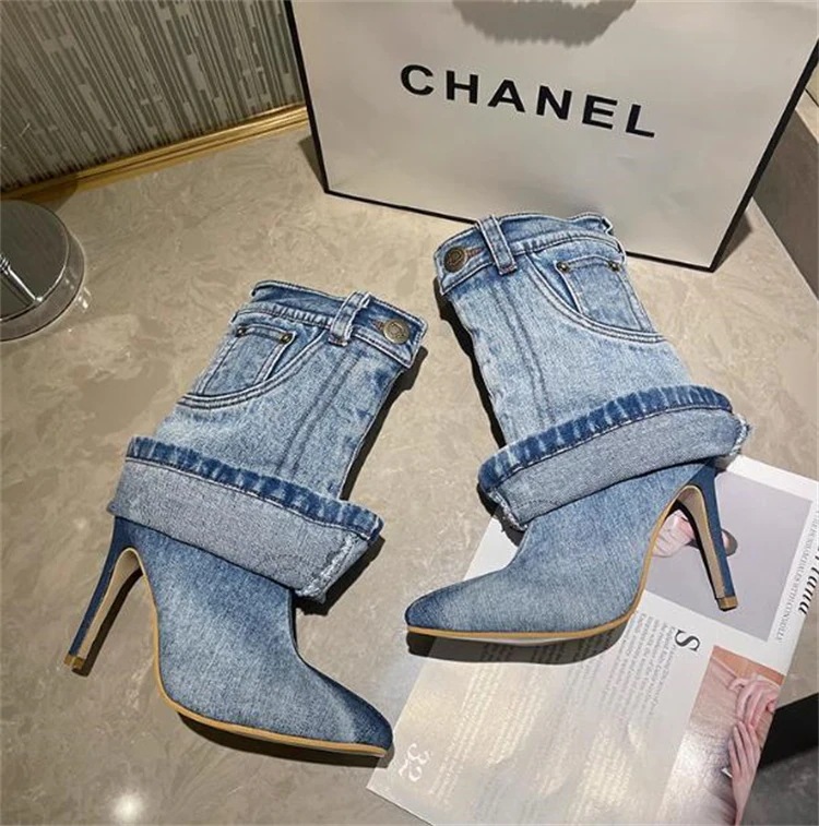 早い者勝ち デニム短靴 細ヒール ヴィンテージ ショートブーツ 個性 ポインテッドトゥ 高ヒールブーツ 騎士ブーツ 短筒ブーツ パンプス ファッションブーツ