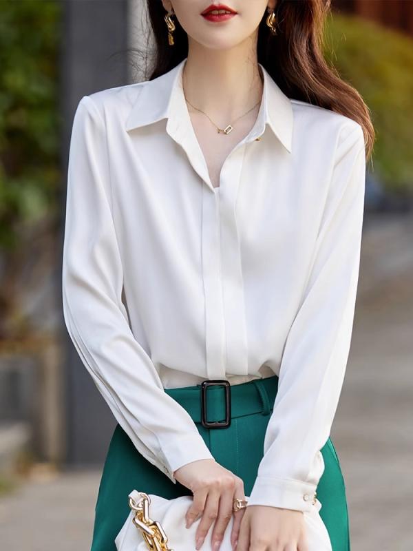 ブラウス 秋 シャツ レディース 白 ハイエンド アセテート サテンシャツ シフォン 春秋 トップス シンプル おしゃれ