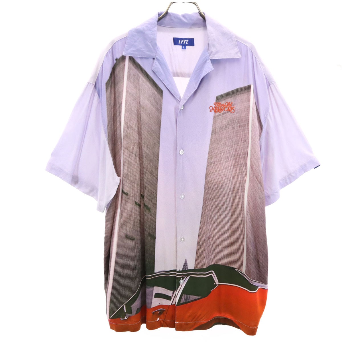 LFYT エルエフワイティー フォトグラフィック ツインタワー 半袖 オールドニューヨーク オープンカラーシャツ L パープル メンズ 古着