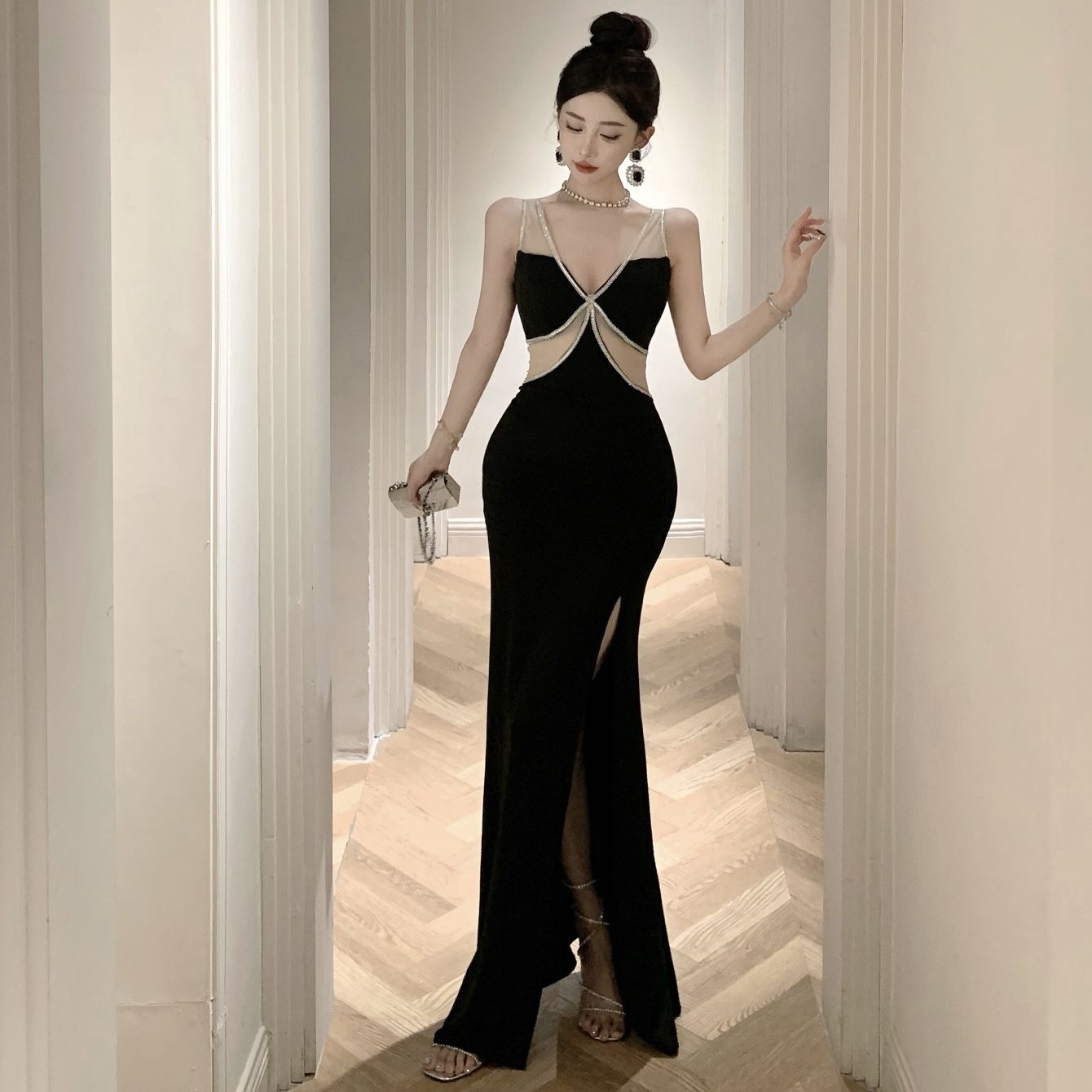 ドレス 衣装 ドレスワンピース イブニングドレス ノースリーブドレス ロングドレス ロング丈 袖なし ウエストマーク スリット 胸元 谷間 ステージドレス 発表会 タイト かわいい 大人可愛い