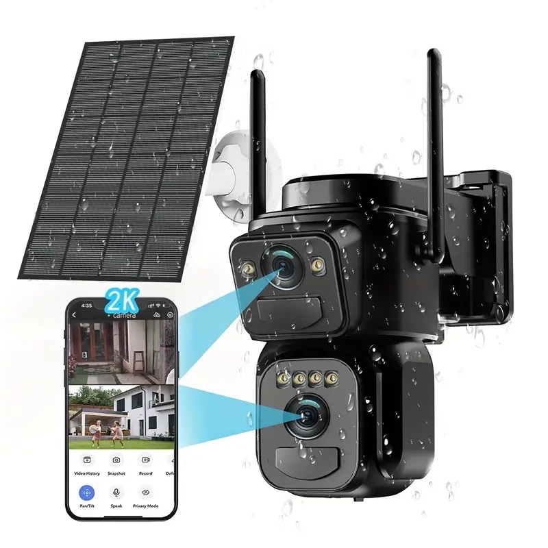 2.4 5GHz デュアルバンド WiFi ソーラー セキュリティカメラ ワイヤレス 屋外用 デュアルレンズ セキュリティカメラ スポットライト サイレン付き 2K カラー ナイトビジョン 自動追跡