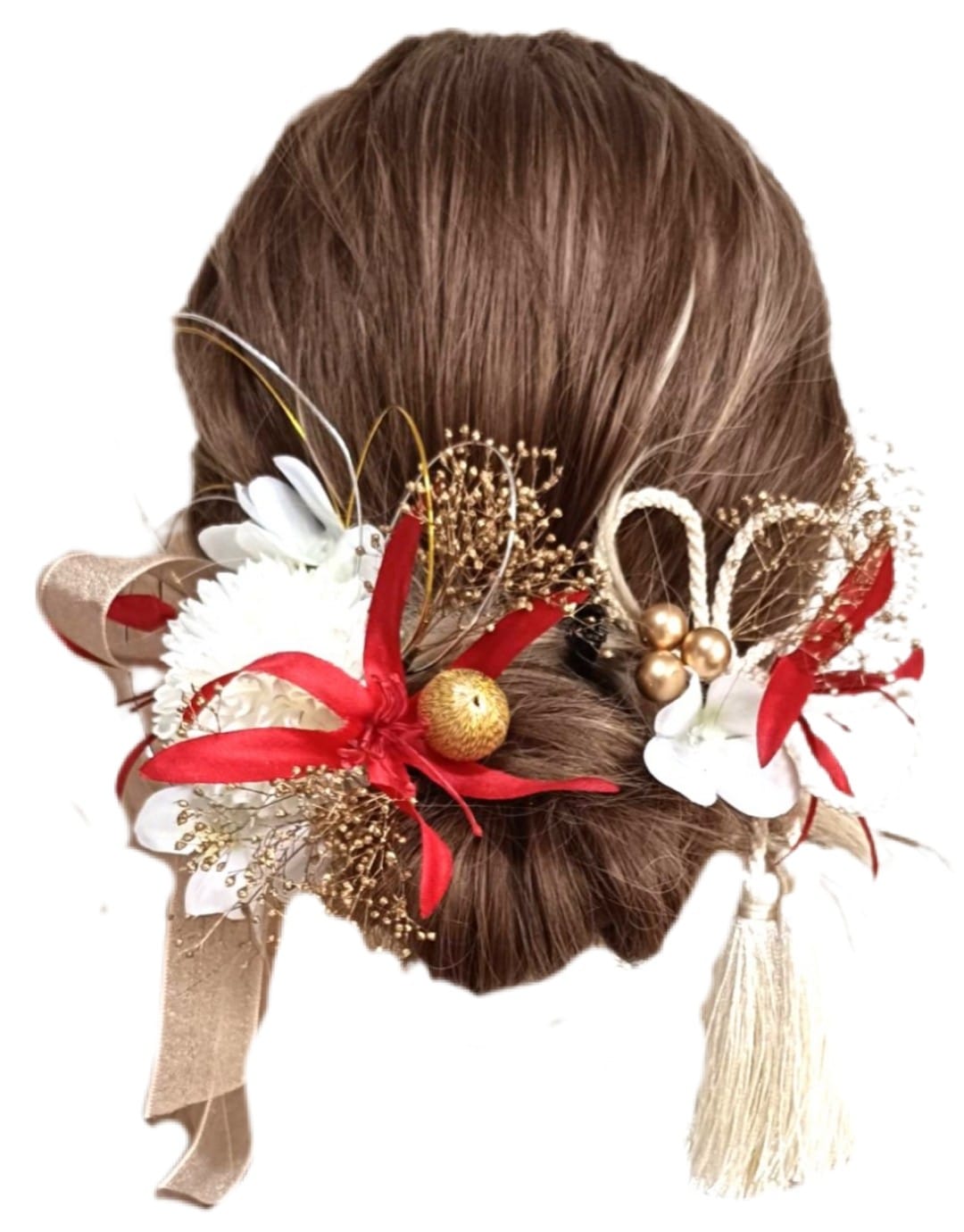 髪飾り 成人式 振袖 卒業式 袴 結婚式 フォト婚 前撮り 後撮り 和装洋装豪華造花&プリザ 水引き ヘッドドレス着物 和髪 アップスタイル　ハーフアップ 赤/ホワイト白/ゴールド/シルバー901