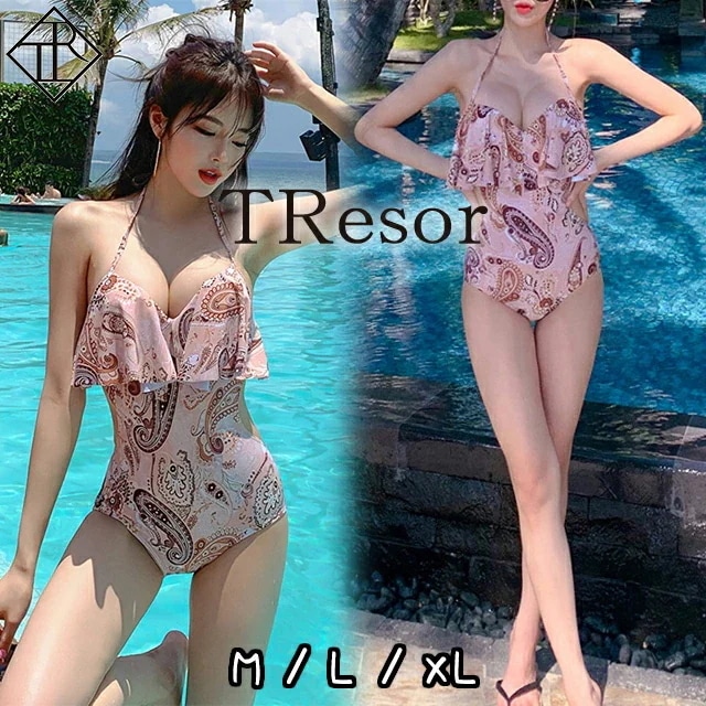 【即納】水着 レディース 水着 体型カバー ビキニ ビキニ 人気 盛れる 背中見せ リゾート プール 海 温泉 Vネック モノキニ ペイズリー柄 フレア バストアップ ワンピース水着 プリント柄 おし