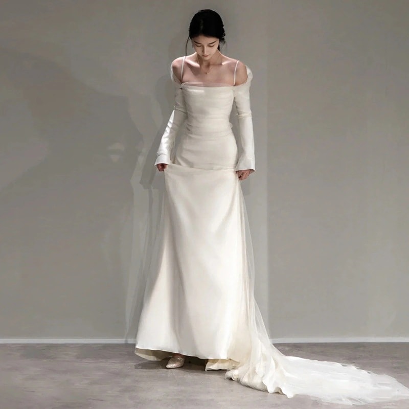 韓国作追加!!!結婚式フレンチドレスワンピースウエディングドレスフィッシュテールスカート花嫁披露宴二次会謝会発表会演奏会女子会