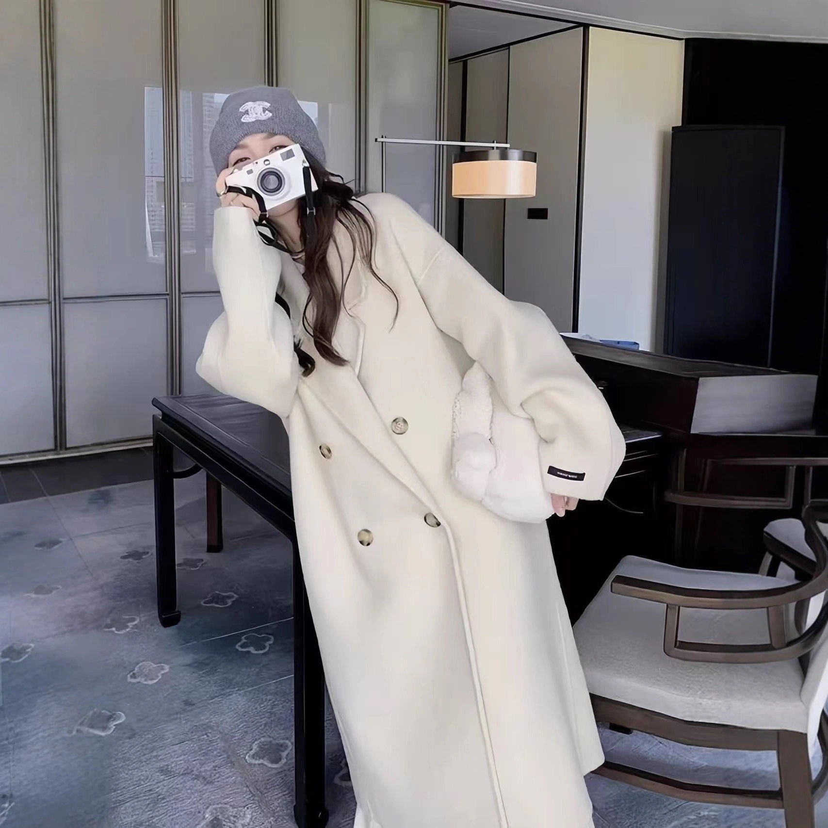 25シンプル怠惰なスタイルグレーカシミヤブレストロングウールジャケットレディース韓国ルーズコート