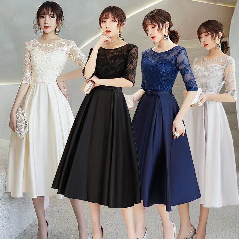 パーティードレス ワンピース ドレス 結婚式 レディース 黒ドレス 袖あり大人 着痩せ 上品 お呼ばれ 食事会 二次会 披露宴 卒業式 成人式 4色選べる