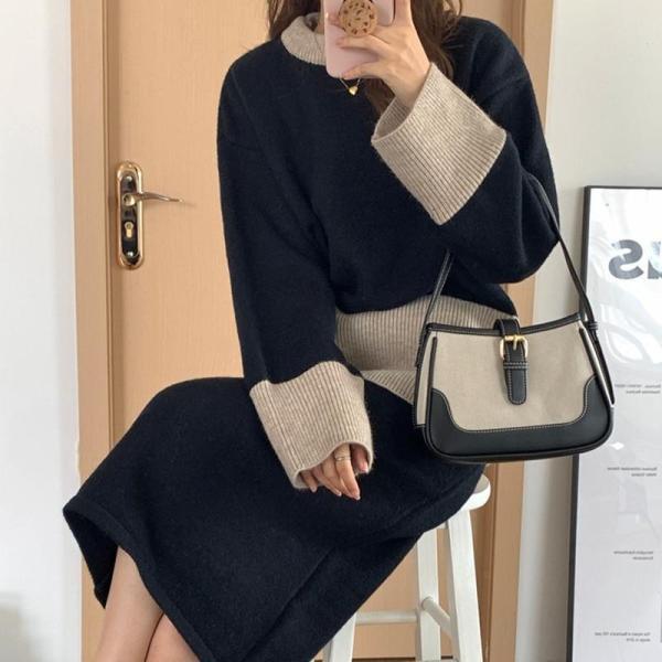 ニットセットアップ レディース 秋冬新作 ニット上下セット 長袖セーター 配色 タイトスカート カジュアル韓国風 オシャレ 7,651円