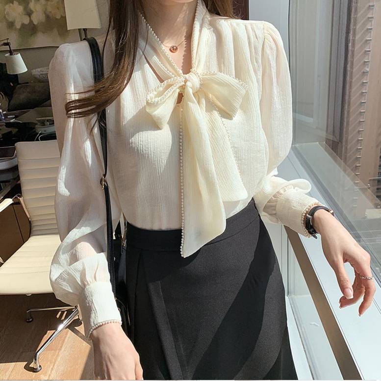 レディース パールビジュー煌めくボウタイブラウス リボン襟ブラウス シフォンシャツ トップス シャツ