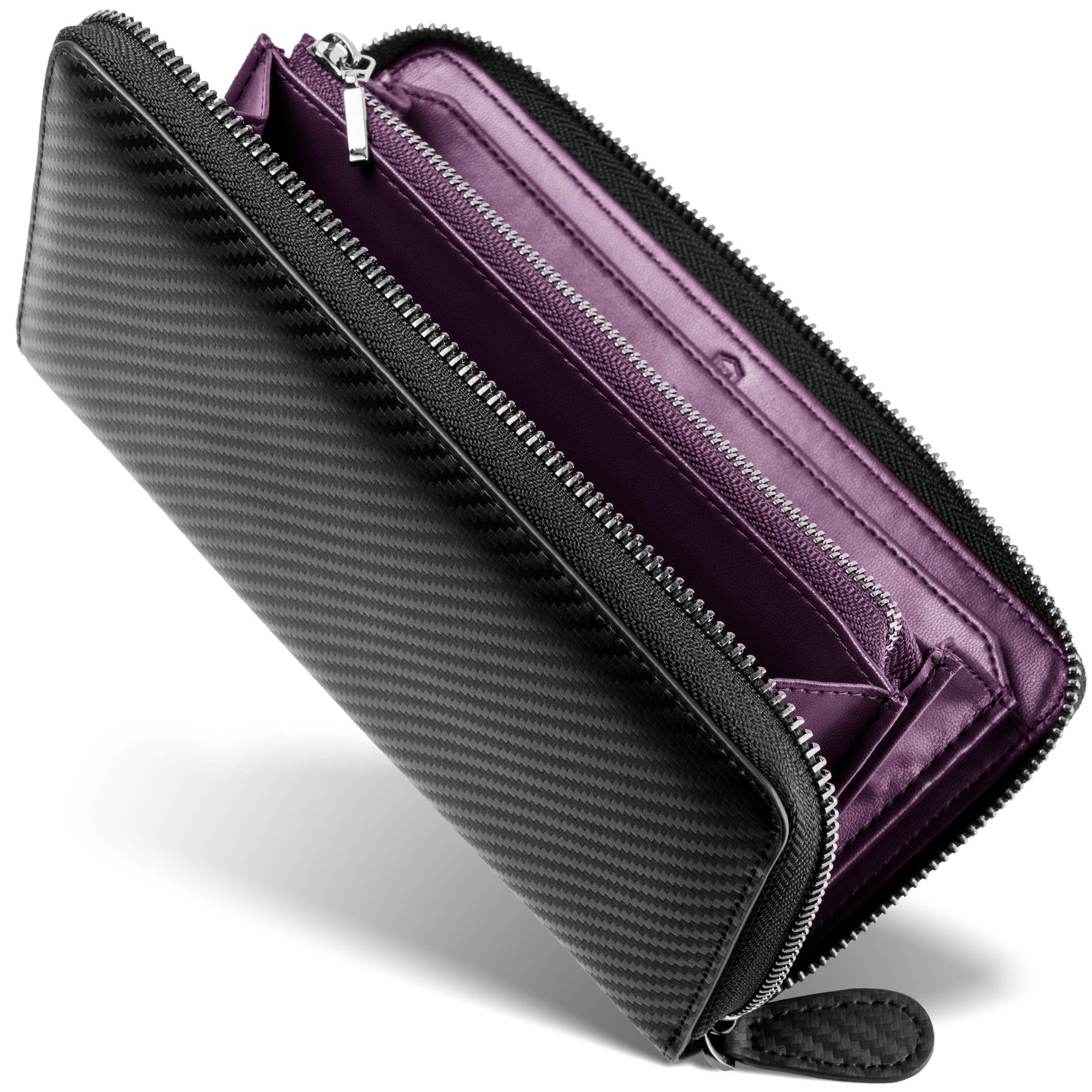 [ GRACE ] 財布 メンズ ラウンドファスナー イタリアン カーボンレザー 大容量 長財布 本革 紳士用 ビジネス さいふ カーボン (バイオレット)