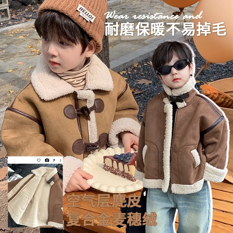 男の子スエードぬいぐるみオールインワンコート子供プラスベルベット男の子厚手韓国綿コートコート6歳9
