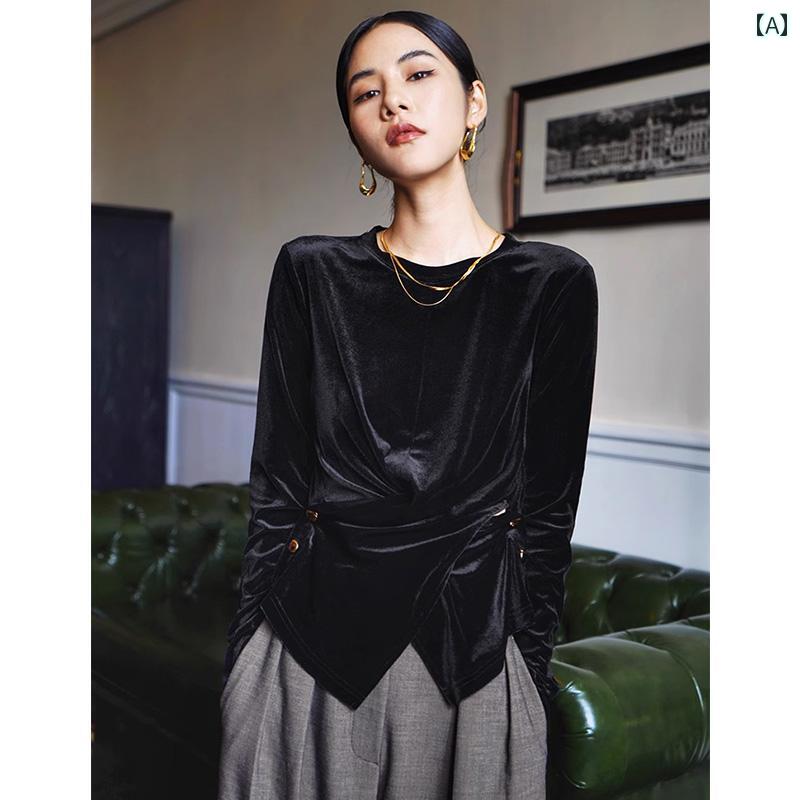 ベロア トップス レディース 春秋 ラウンドネック 長袖 韓国 ファッション おしゃれ シンプル ブラック