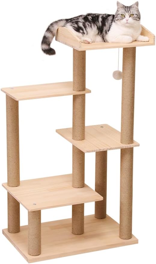 PETTIFUL キャットタワー 木登り 木製 スリム 大型猫 木登り 据え置き 天然木 おしゃれ 多頭飼い キャットツリー シニア 高さ112cm 面取り加工 猫タワー キャットウォーク 中型
