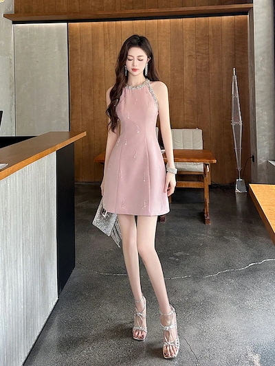 ノースリーブダイヤモンド扮りショートワンピドレスパーティーて痩大人お呼せばれまた集まろう披露宴卒業式结婚式ウェディング二次会で成人式