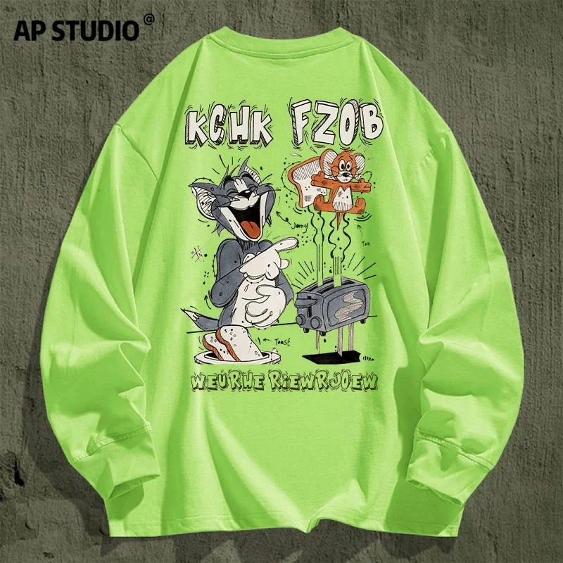 100% 純綿アニメ猫とネズミプリント秋の新型羅口長袖女性の白い甘い風の親友上着