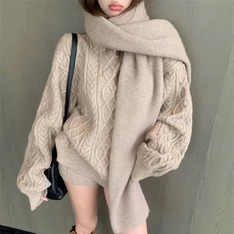 ラウンドネックマフラー付きセーター秋冬新作ゆったり柔らかなニット3点セット 人气新作セットアップ 5,078円