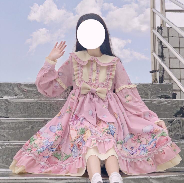 甘いロリータ服 甘ロリ ロリータワンピース 長袖ワンピース 可愛いロリータ服 丸襟 フリル 動物柄