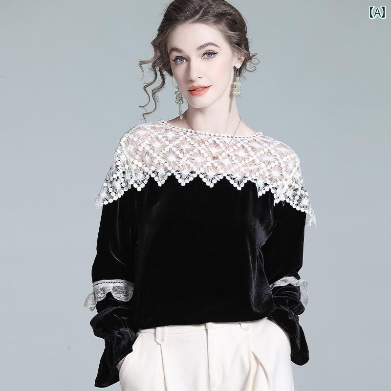 レディース　シャツ　レース　シルク ベルベット トップ 2025 春型 軽量 高級 レース スプライシング フレンチスタイル ブラウス ファッション Tシャツ