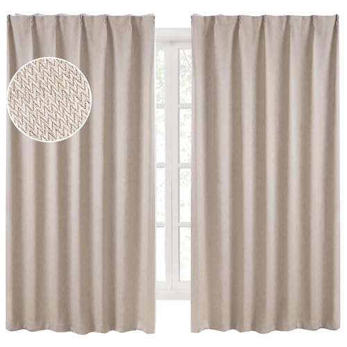 Hansleep 完全遮光カーテン リネン生地 人字柄 2枚組 幅100cm丈200cm ベージュ 断熱 防寒 防音 省エネ 厚手 無地 おしゃれ 洗える リビング用 (ベージュ, 幅100cm×丈2