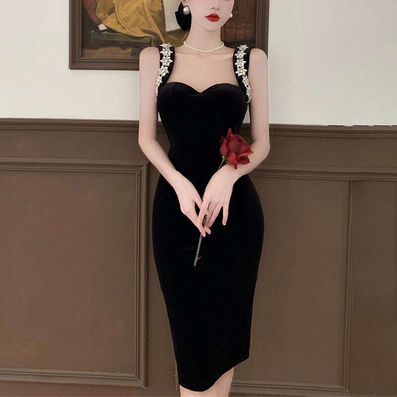 レディース ワンピース ベルベッド 主役級 セクシー キャミソール フランス風 パーティー ビジュー ジルコン ビロード ブラック 大人可愛い ママコーデ ママファッション 韓国 オルチャンファッショ
