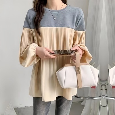 レディース トップス カットソー 長袖 ボリューム袖 バルーン袖 ラウンドネック 襟なし セミフレア ストレート Iライン フェミニン タックプリーツ 大人可愛い きれいめ シンプル 上品 おしゃれ